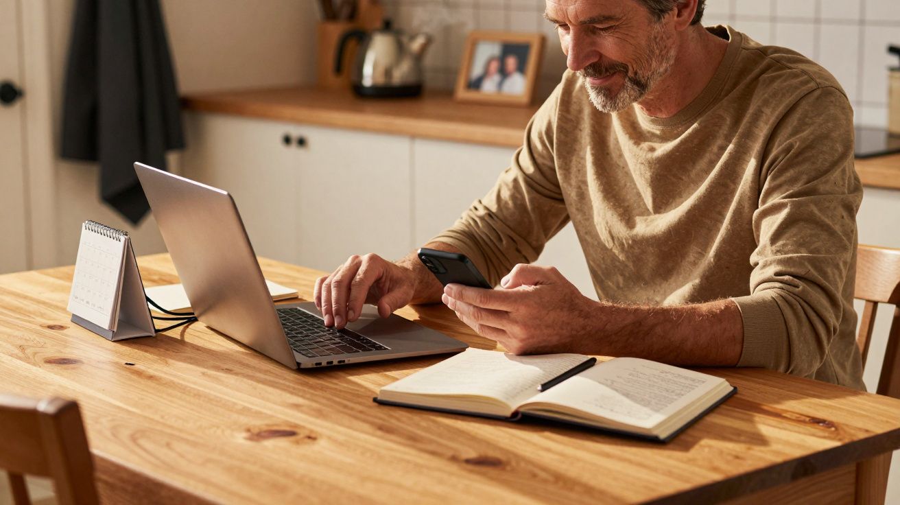 Hombre sonriente trabajando en portátil y móvil, con cuaderno abierto sobre mesa de madera en cocina iluminada.