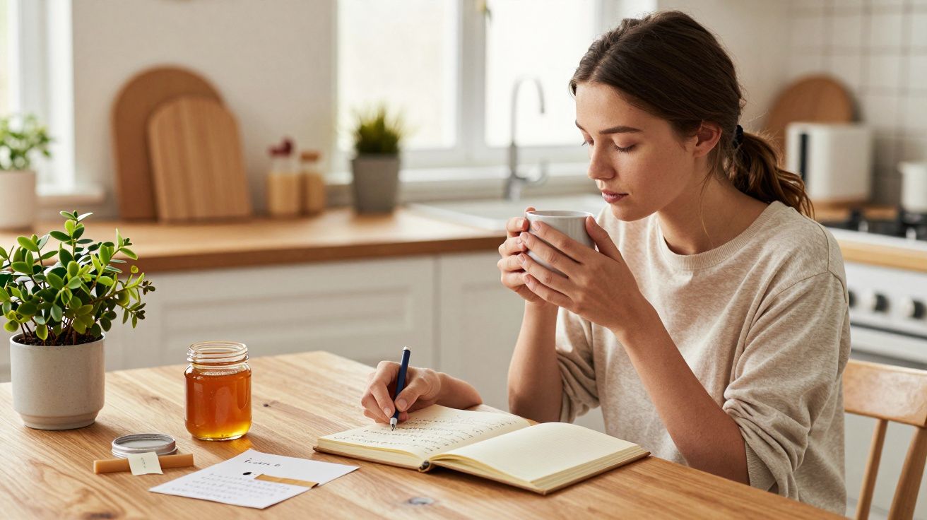 Mujer joven escribiendo en un cuaderno y bebiendo café en una cocina luminosa con plantas y tarro de miel.