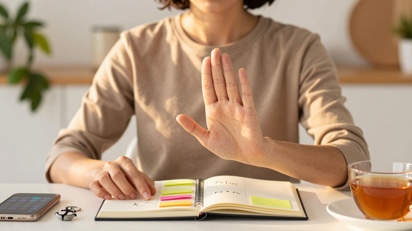 Persona mostrando un gesto de parar con la mano frente a un cuaderno abierto y una taza de té sobre la mesa.