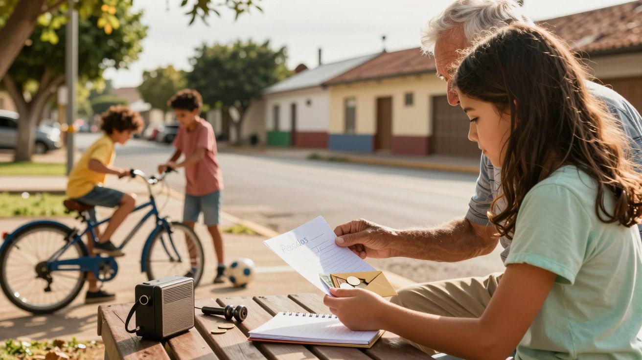 Niña y abuelo mirando fotos en un banco, mientras niños juegan con bicicleta al fondo en una calle tranquila.