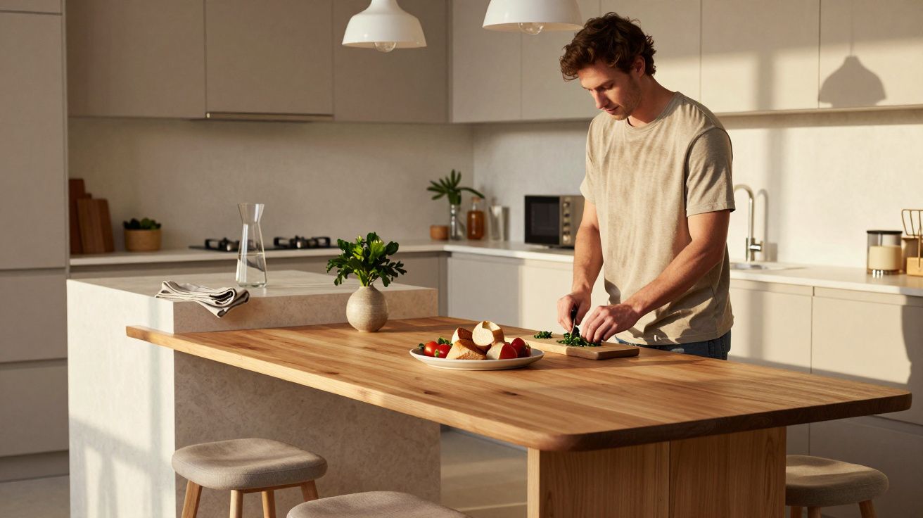 Hombre cortando verduras en una cocina moderna y luminosa con una isla de madera.