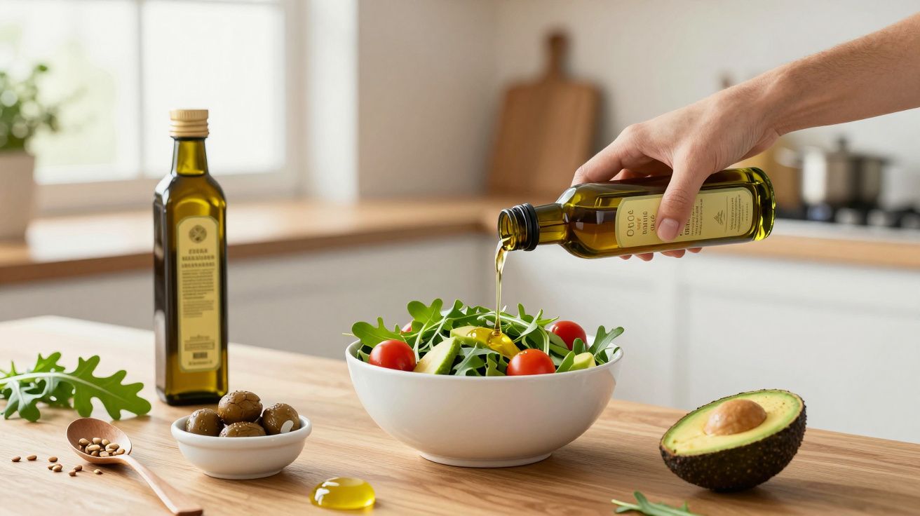 Mano vertiendo aceite de oliva sobre ensalada fresca con aguacate, tomates y rúcula en cocina luminosa.