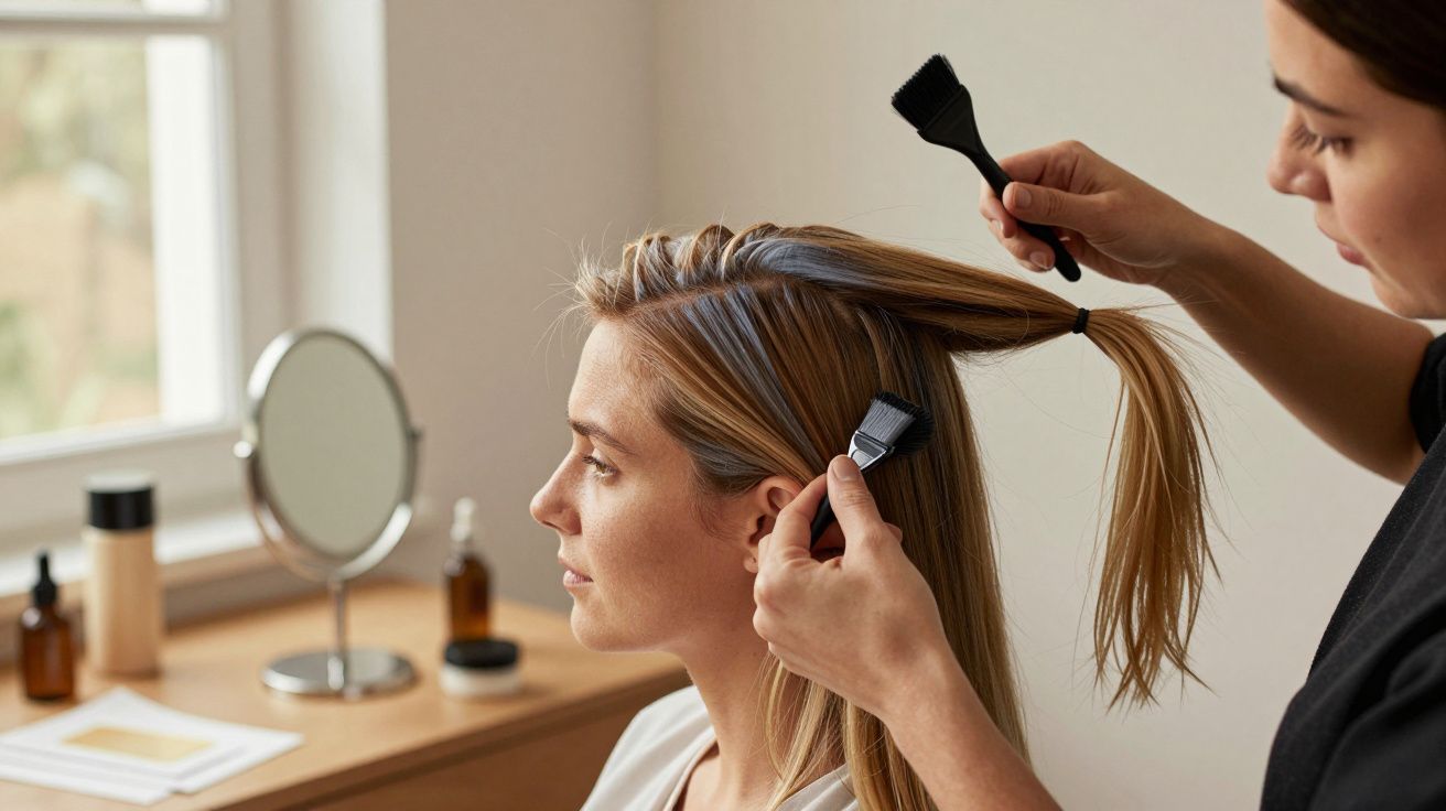 Mujer tintando el cabello de otra mujer con brocha en salón de belleza, espejo y productos al fondo.