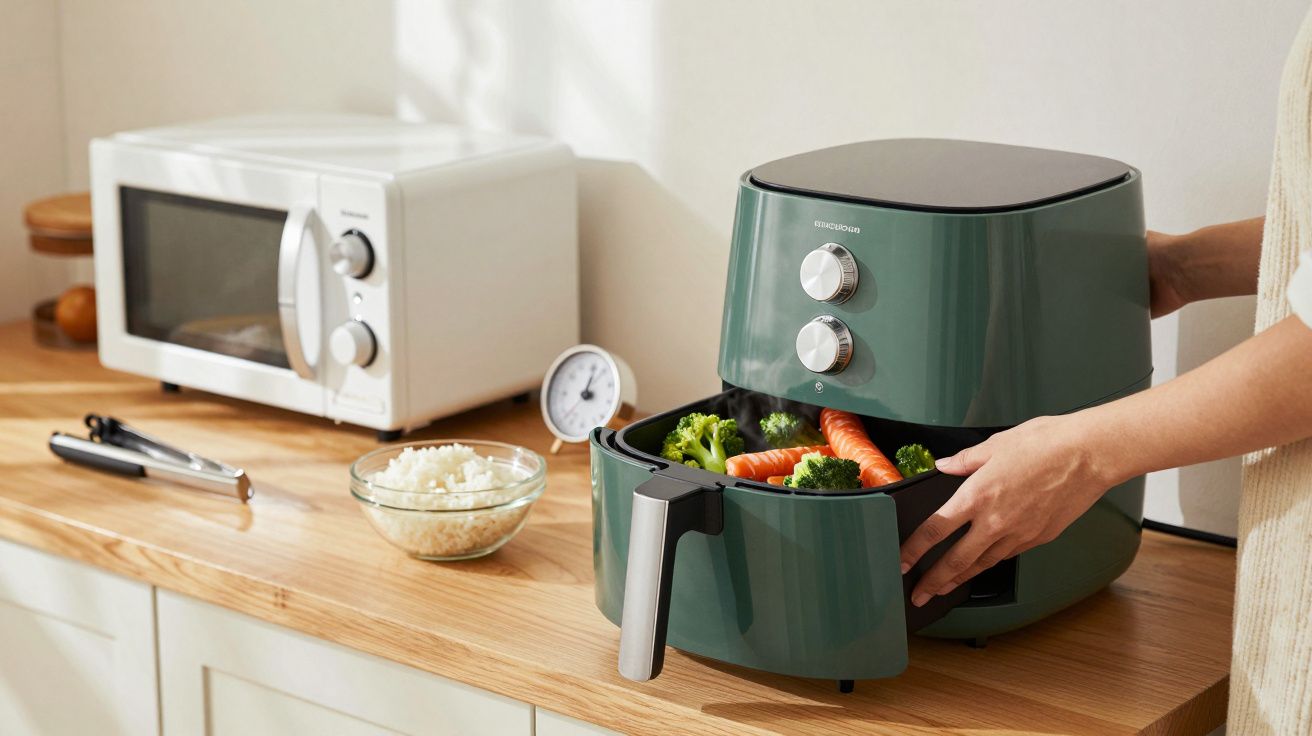 Persona sacando verduras de una freidora de aire verde en una cocina, junto a un microondas blanco y arroz en un bol.