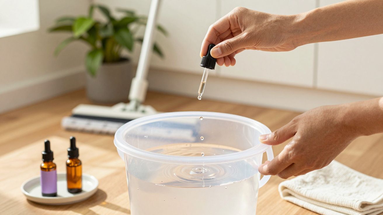 Mano colocando gotas de aceite esencial en un cubo de agua, con botellas, fregona y planta en el fondo.
