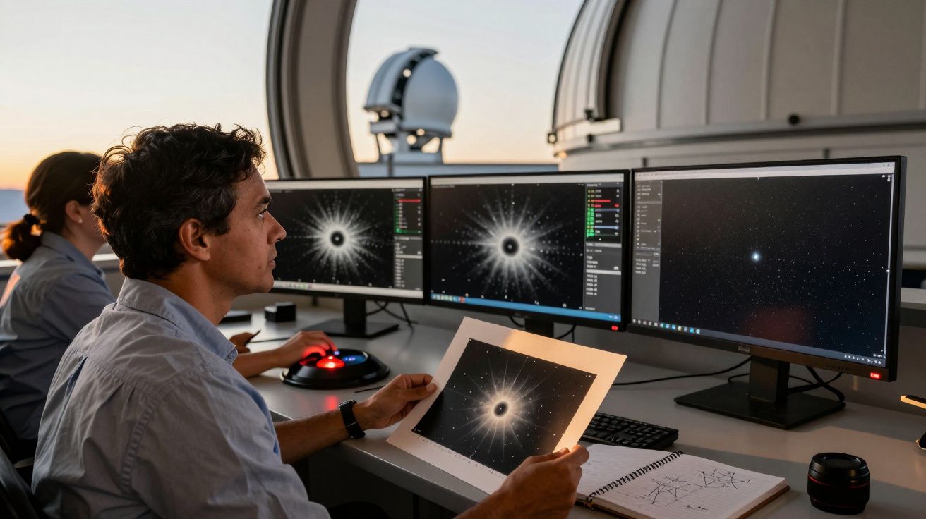 Hombre en observatorio analiza imágenes estelares en tres monitores, sosteniendo una impresión. Telescopio de fondo.