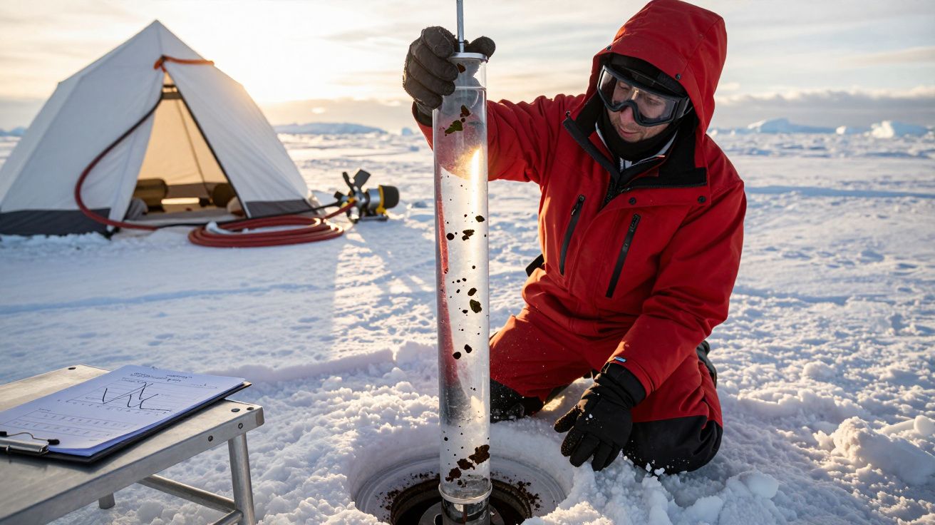 Persona en traje rojo recoge muestras de hielo en el Ártico. Tienda de campaña y equipo científico al fondo.