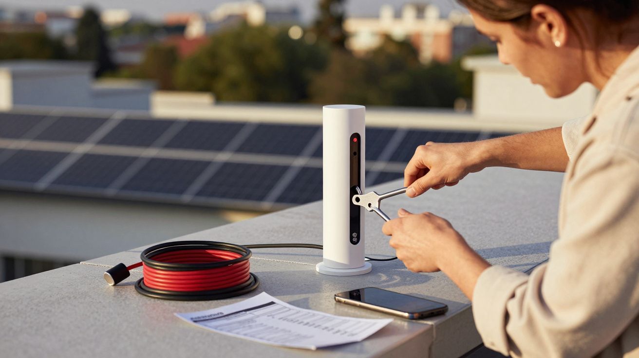 Persona ajustando dispositivo en un tejado con paneles solares, cerca de un móvil, cables y un papel.