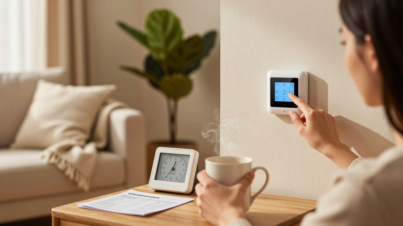 Mujer ajusta termostato en pared mientras sostiene taza. En la mesa, reloj y documentos. Sofá y planta al fondo.