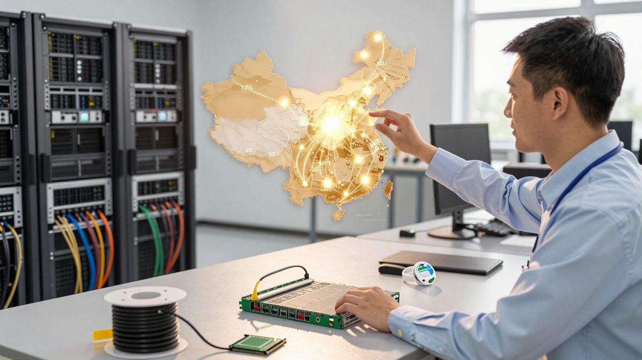 Hombre trabajando en una oficina con un mapa holográfico iluminado de China, rodeado de equipos electrónicos y servidores.
