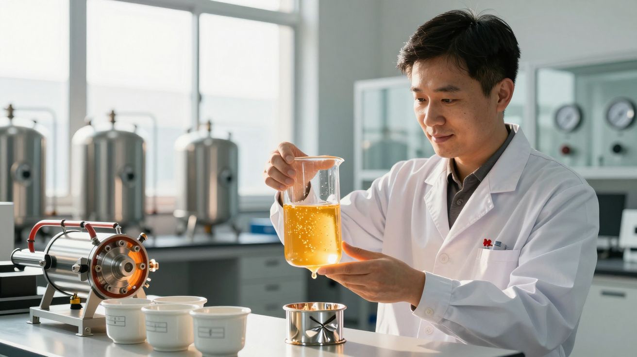 Científico en laboratorio examinando líquido de color amarillo en vaso precipitado, con equipo metalúrgico al fondo.