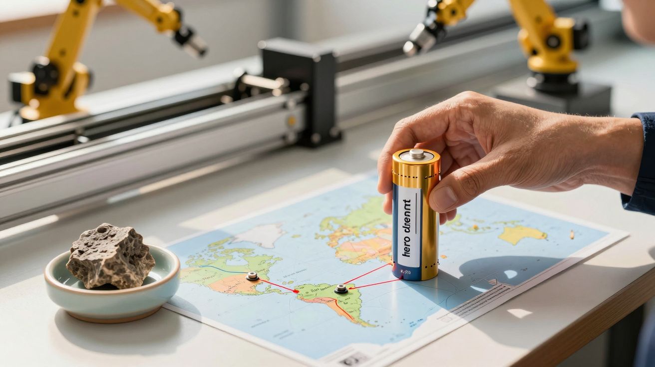 Mano sosteniendo una pila sobre un mapa con un trazado rojo, junto a un plato con una roca y un brazo robótico.