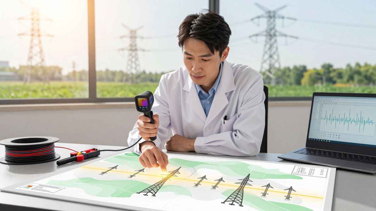Científico en laboratorio analiza líneas eléctricas en mapa con cámara térmica y portátil, torres al fondo.