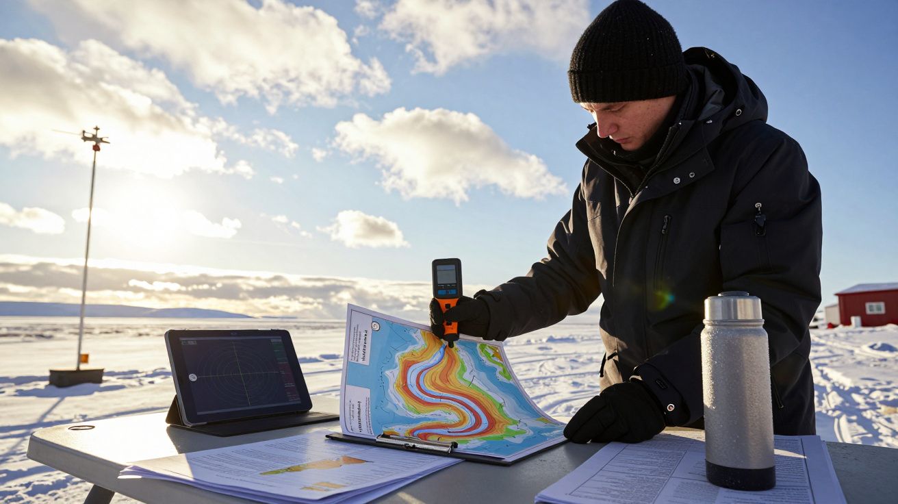 Hombre abrigado analiza mapa meteorológico en mesa al aire libre con tablet, en paisaje nevado y soleado.