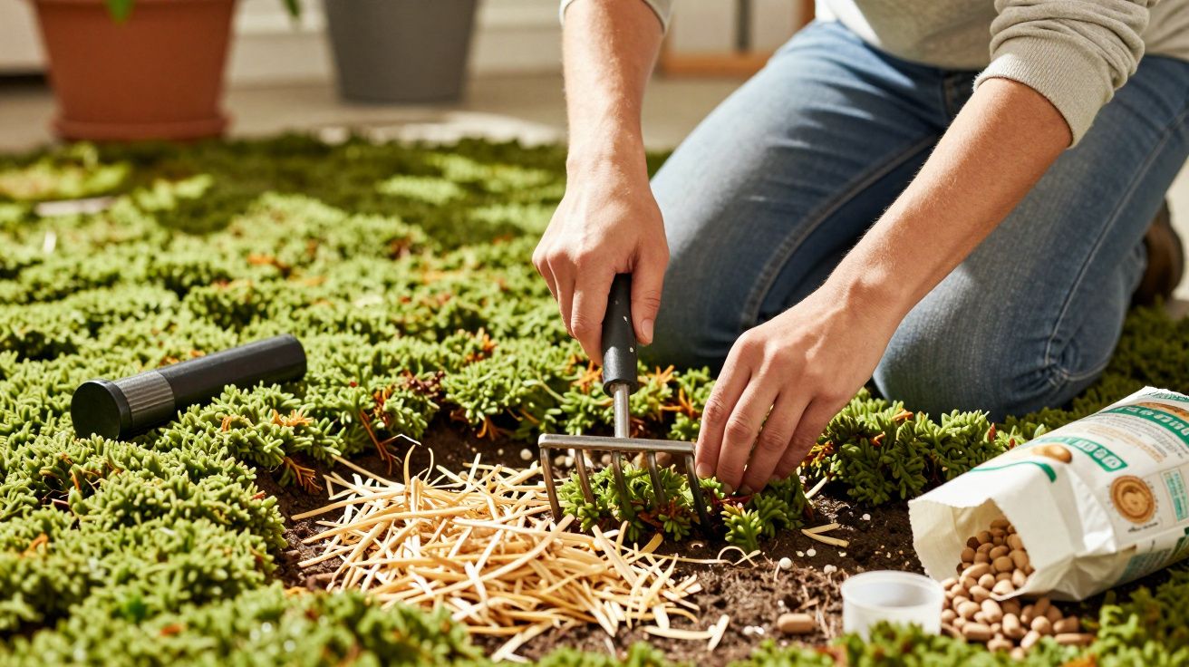 Persona trabajando en jardín, usando rastrillo pequeño para cuidar plantas. Bolsas de productos de jardinería al lado.