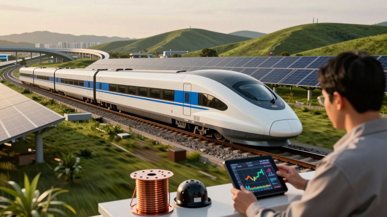 Un tren de alta velocidad pasa junto a paneles solares en colinas, mientras una persona con tablet monitorea datos.