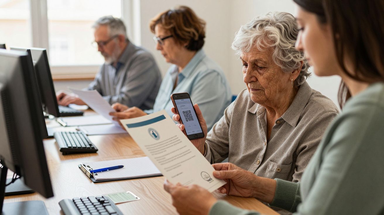 Personas mayores en clase de informática, una mujer escanea un documento con su móvil.