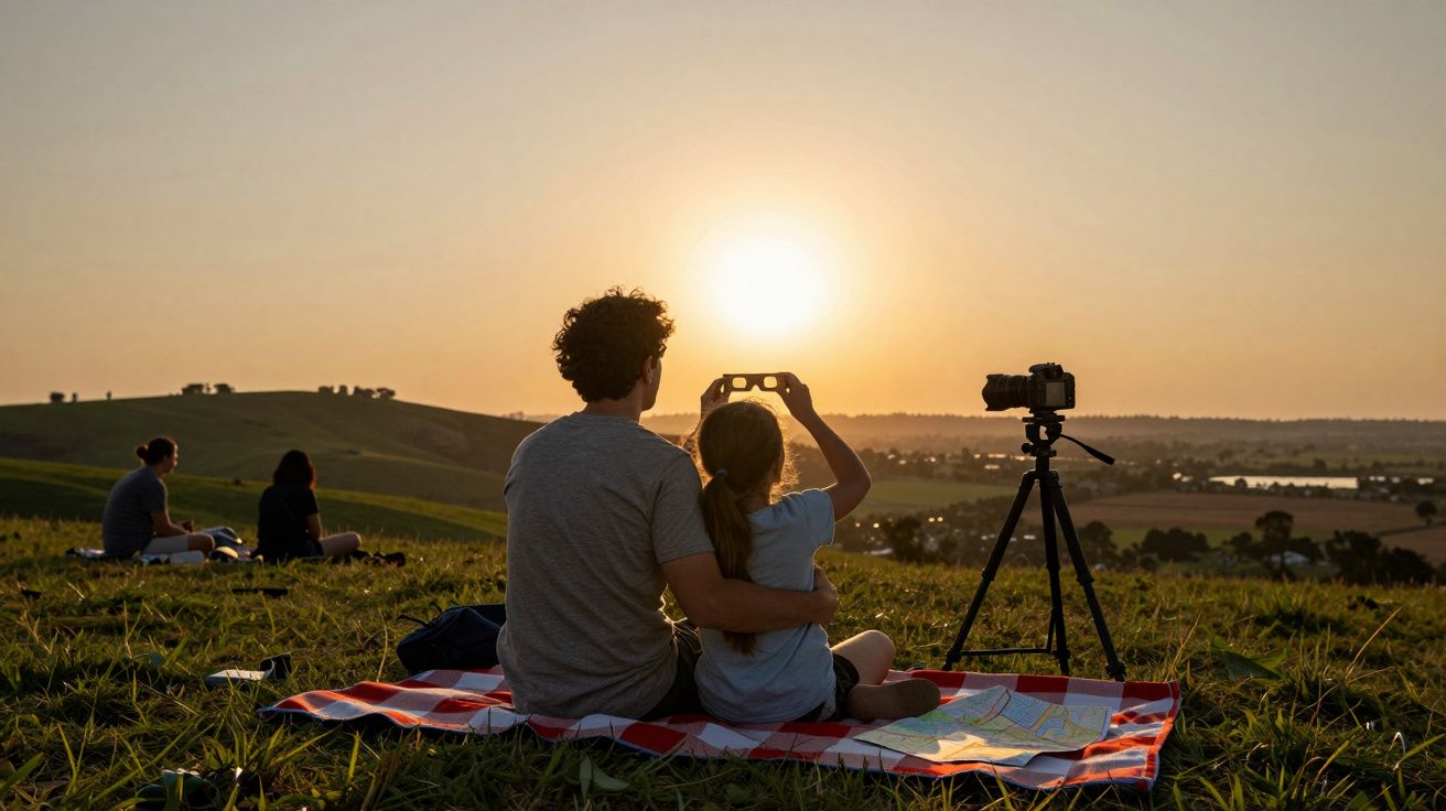 Pareja en un picnic, viendo el atardecer. La niña toma fotos con un móvil. Cámara en trípode cerca.