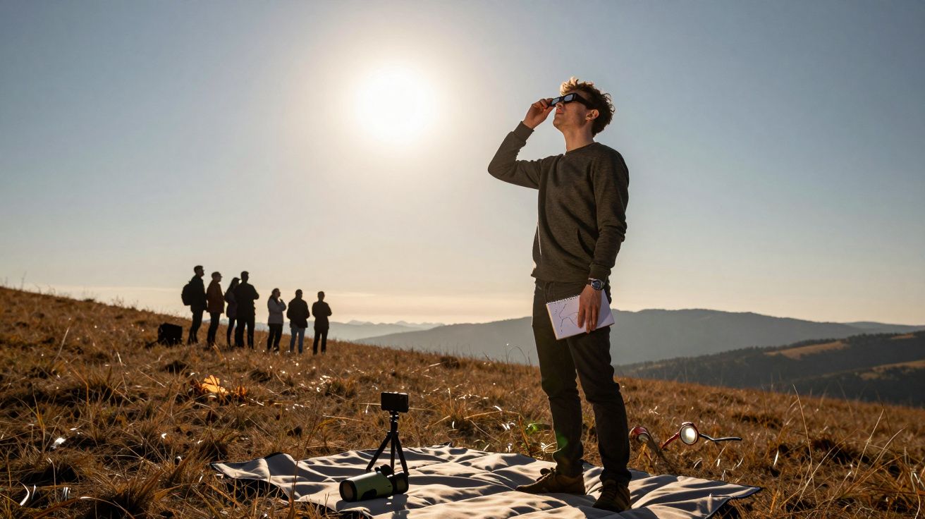 Hombre observa el sol con gafas en campo; grupo de personas al fondo sobre una colina; equipo de observación en una manta.
