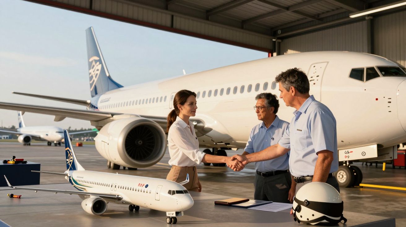 Tres personas se dan la mano frente a un avión en un hangar, junto a un modelo a escala en una mesa.