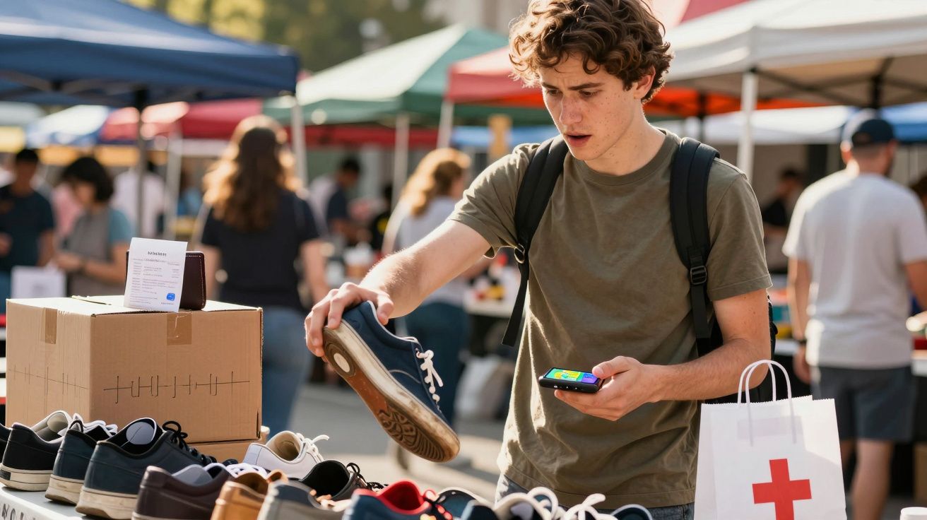 Joven en mercado al aire libre observa zapatilla con móvil en mano.