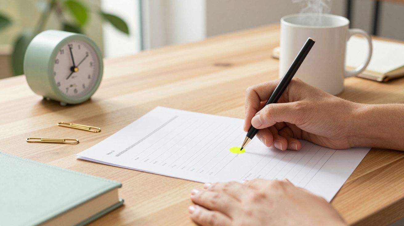 Mano escribiendo en un papel sobre una mesa de madera, junto a un reloj, dos clips dorados y una taza blanca.
