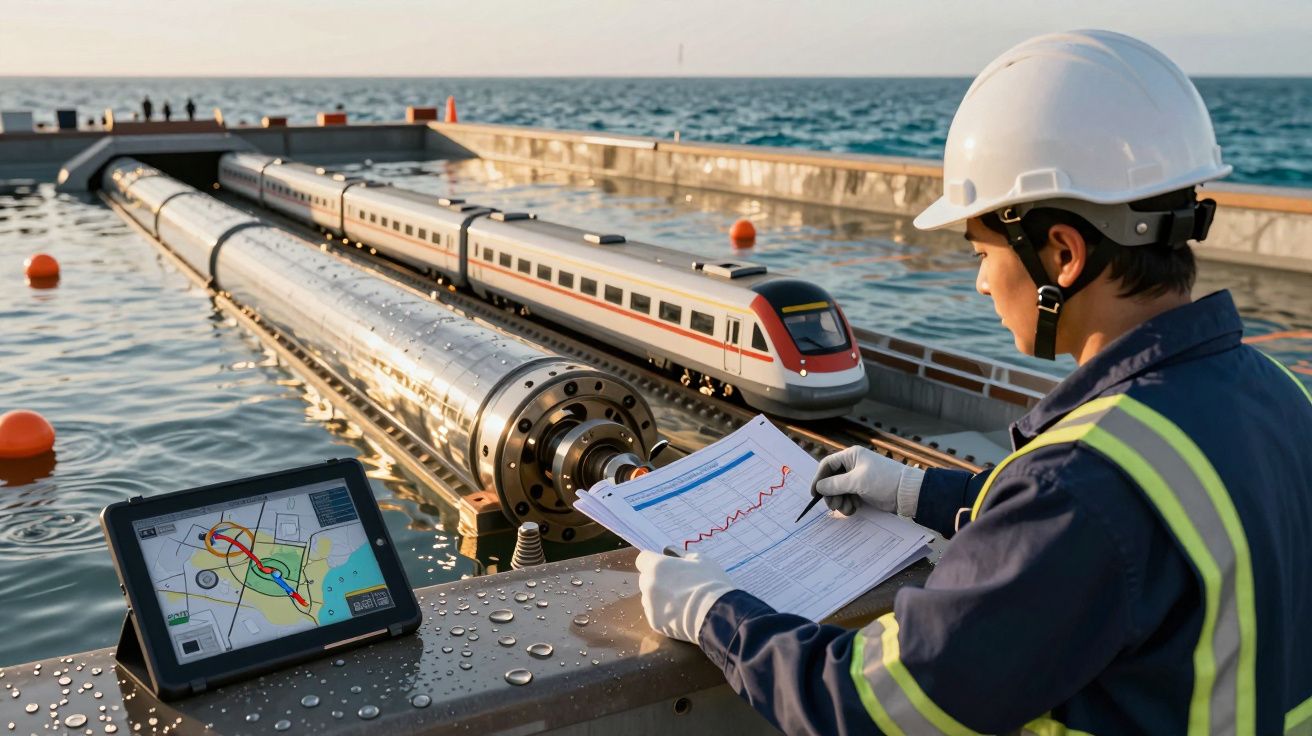 Ingeniero revisando gráficos junto a modelo de tren en instalación costera con equipo tecnológico y mar al fondo.