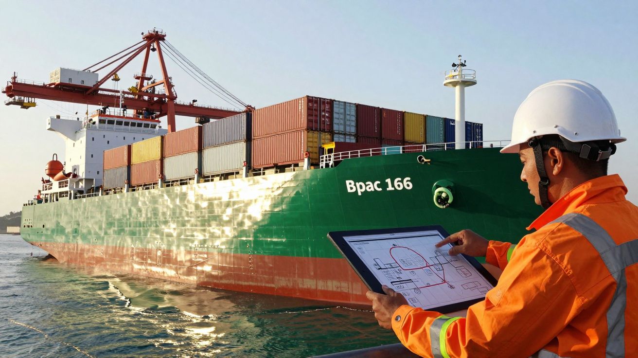 Hombre con casco y tableta observa un barco de carga con contenedores en el puerto al atardecer.