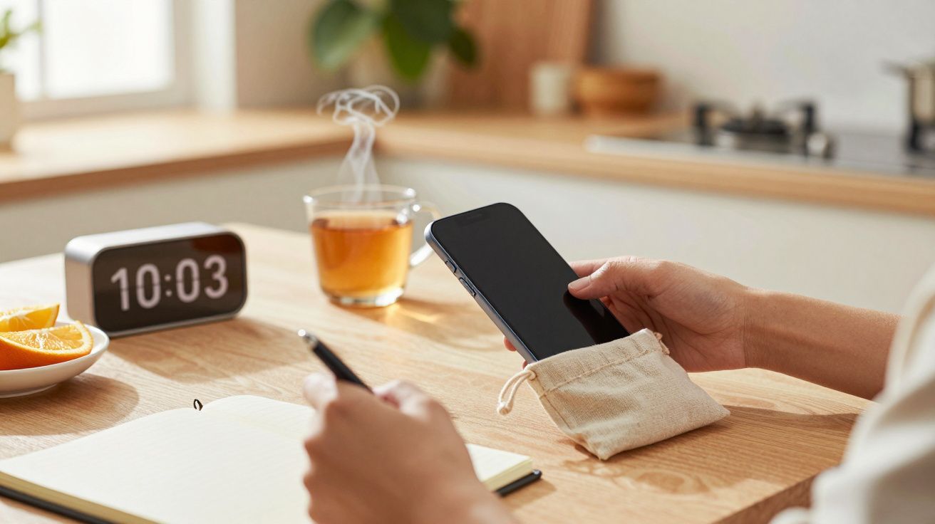 Persona en una cocina con reloj a las 10:03, té humeante, móvil en bolsa y libreta para anotar.