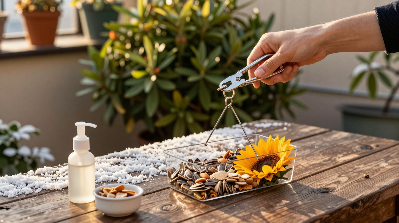 Mano sosteniendo caja con semillas y un girasol sobre mesa de madera; planta y bote de jabón a un lado.