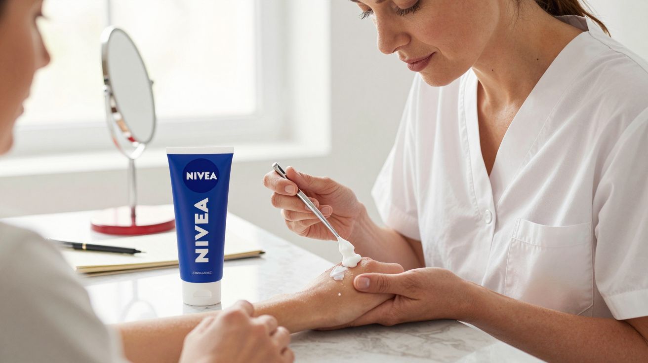 Esteticista aplicando crema NIVEA en la mano de una persona sobre una mesa, fondo con espejo y bloc de notas.