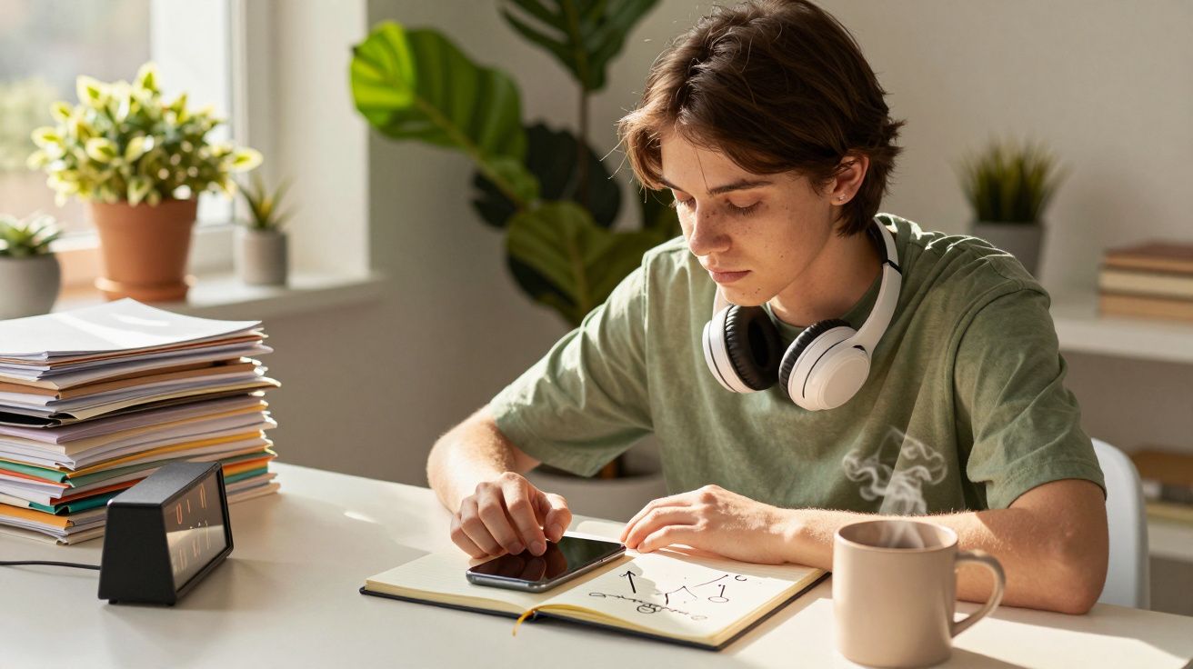 Joven con auriculares estudiando en escritorio, rodeado de plantas, tazas y cuadernos.