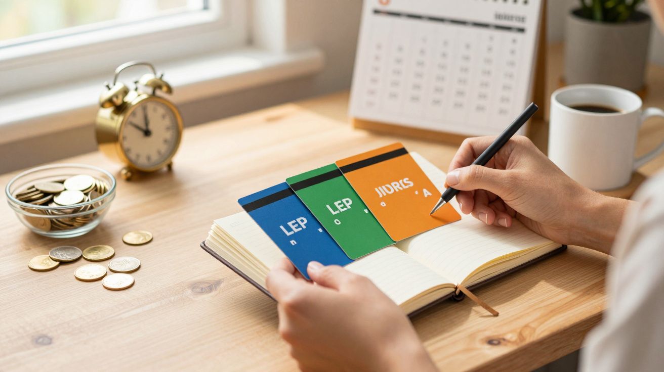 Persona escribiendo en un diario con gráficos de colores, monedas, reloj y calendario sobre una mesa de madera.