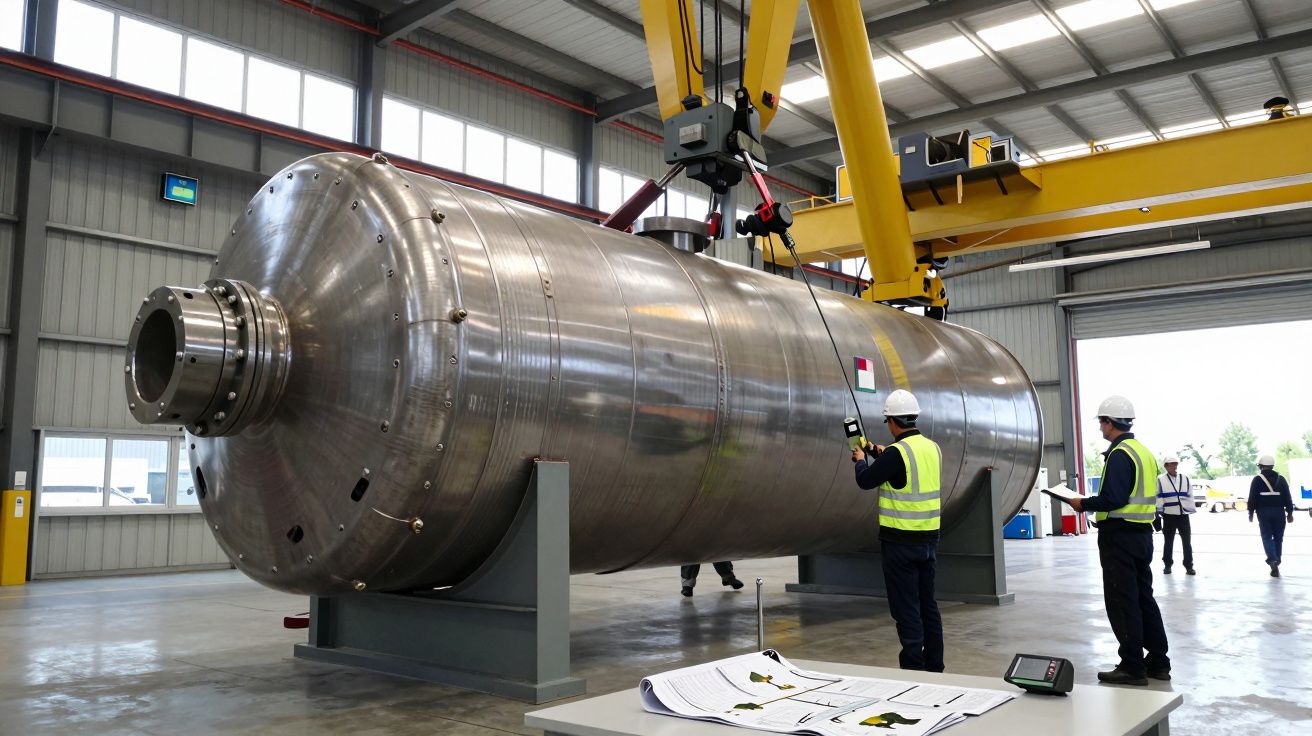 Trabajadores con cascos y chalecos revisan un gran tanque metálico suspendido por una grúa en una nave industrial.