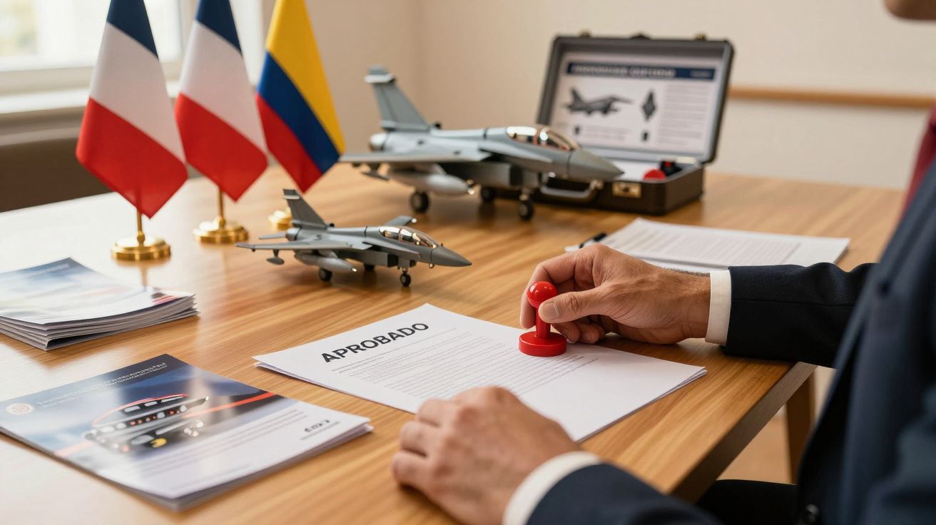 Hombre sellando documento aprobado en mesa con maquetas de aviones y banderas de Colombia y Francia.