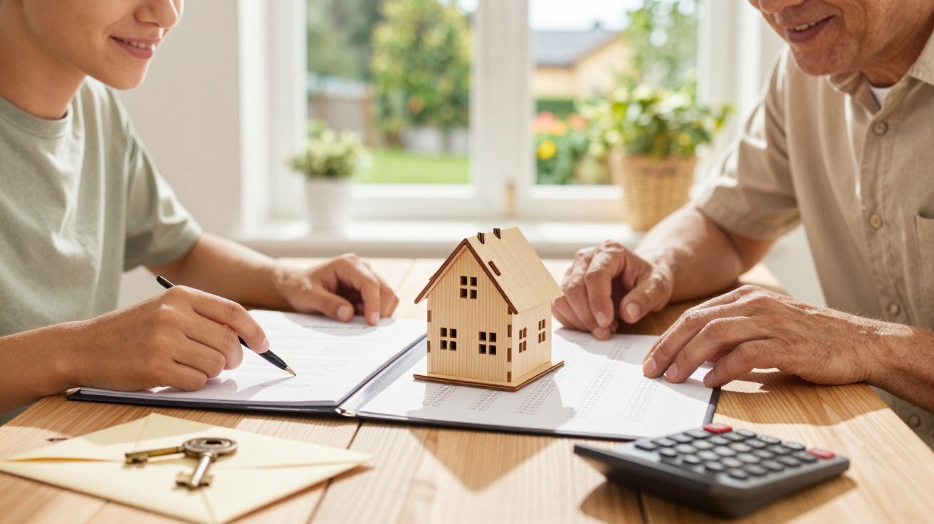 Dos personas revisando documentos con una maqueta de casa y una calculadora sobre la mesa.
