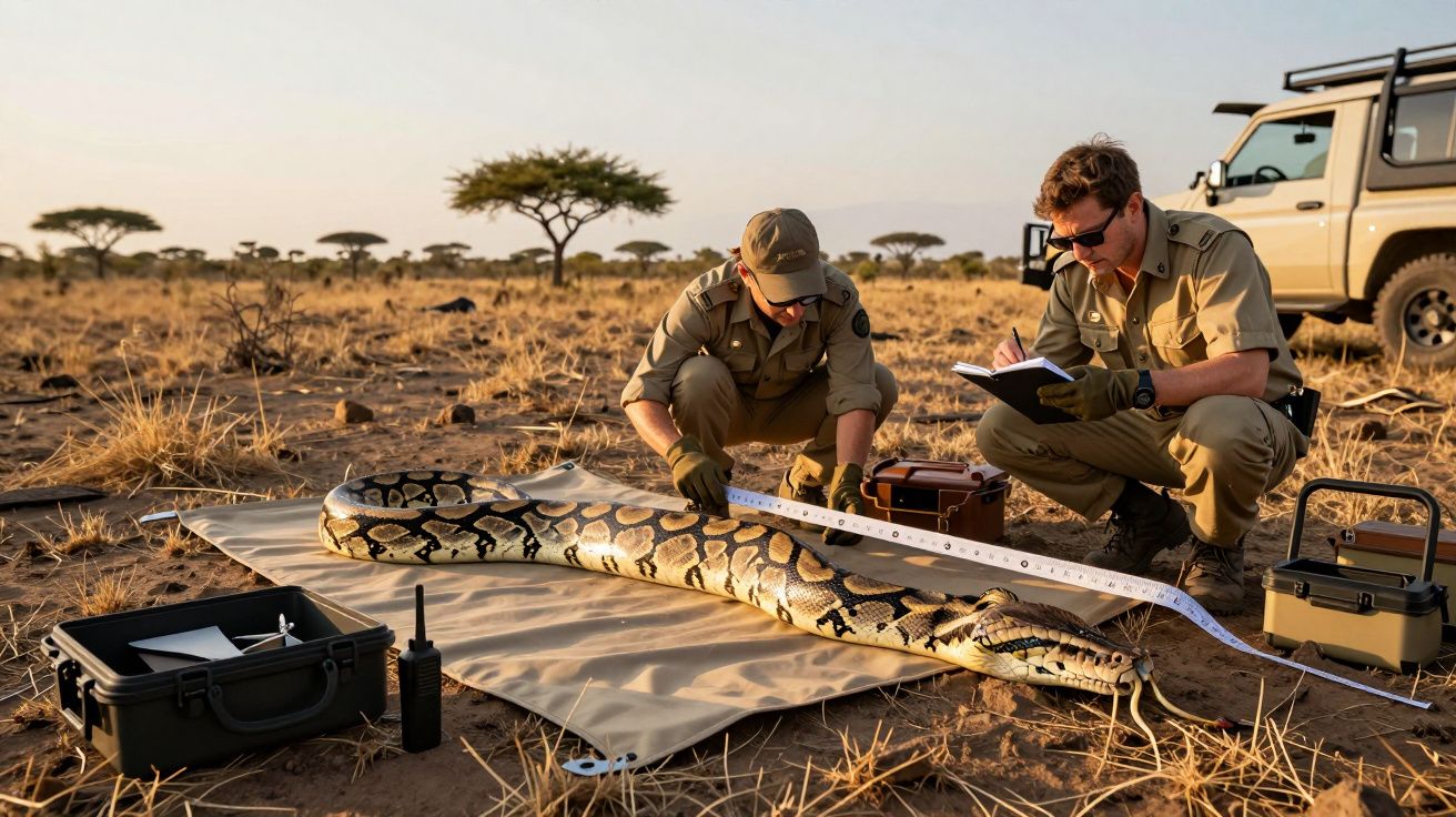 Dos científicos miden una pitón en una sabana con un coche todoterreno al fondo.