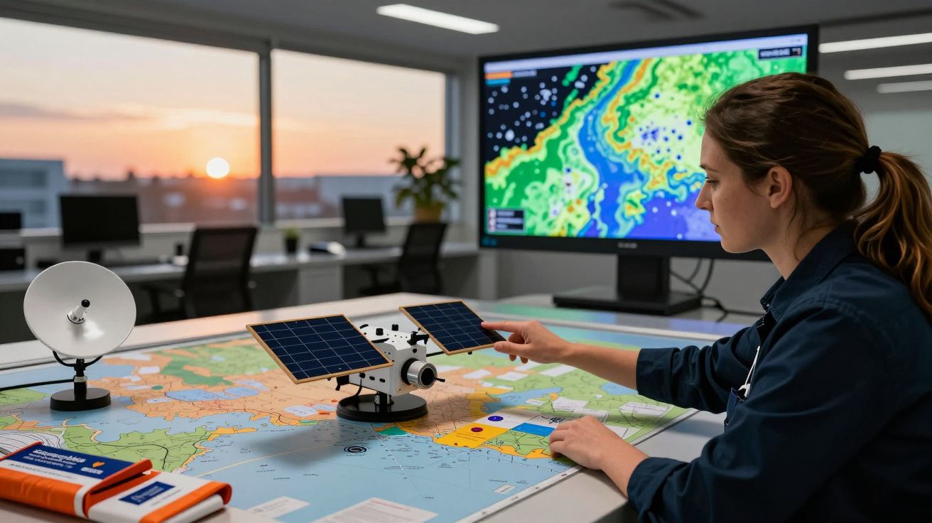 Mujer trabajando en oficina con mapa, maqueta de satélite y pantalla mostrando datos meteorológicos al atardecer.