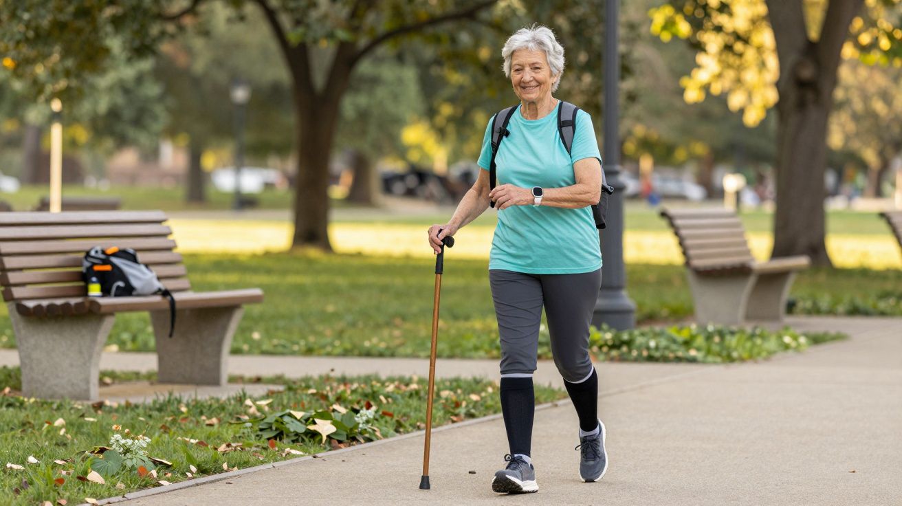 Mujer mayor caminando con bastón en un parque soleado, lleva camiseta azul y pantalones deportivos.
