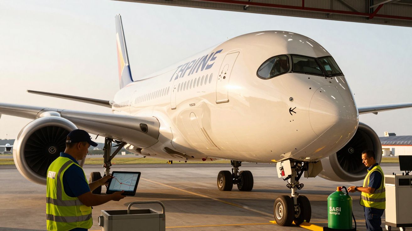 Avión estacionado en un hangar, dos trabajadores en chalecos reflectantes lo inspeccionan; uno usa una tablet.