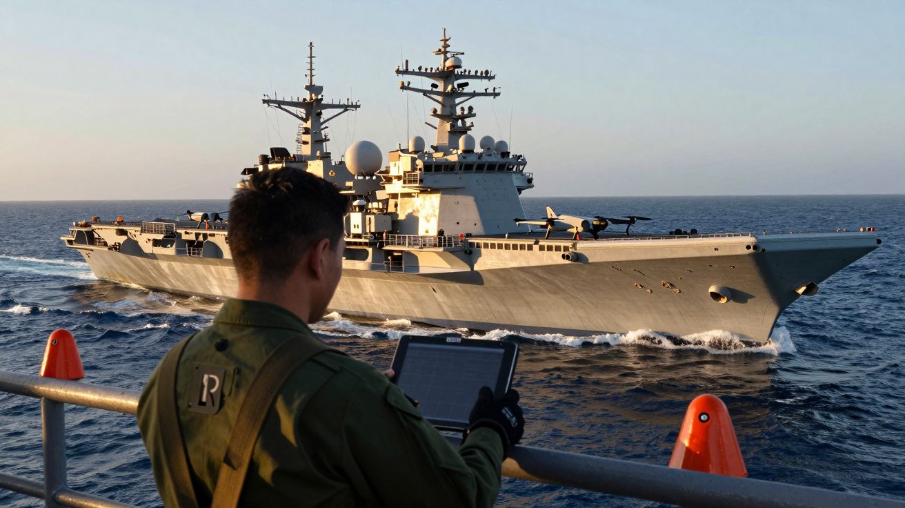 Persona observa desde cubierta un portaaviones navegando en el mar al atardecer, con radares y antenas visibles.
