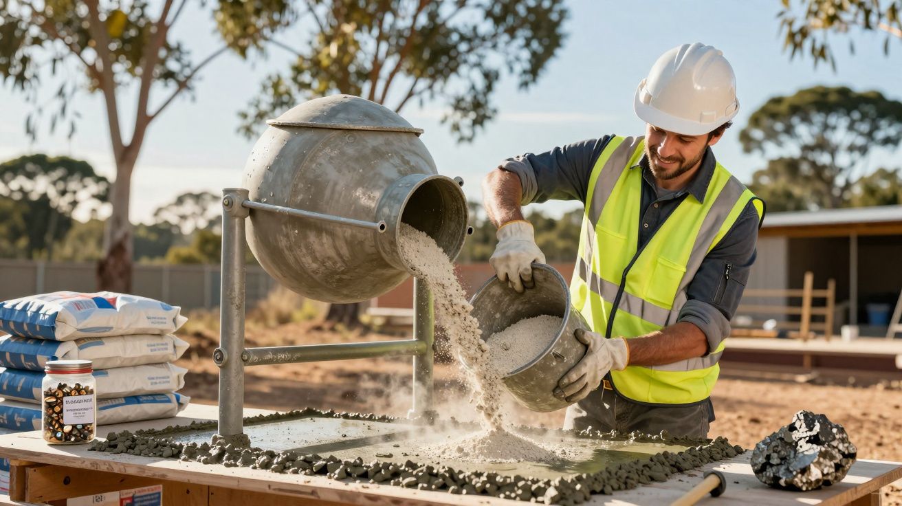 Hombre con chaleco y casco vertiendo arena en una hormigonera en obra al aire libre.