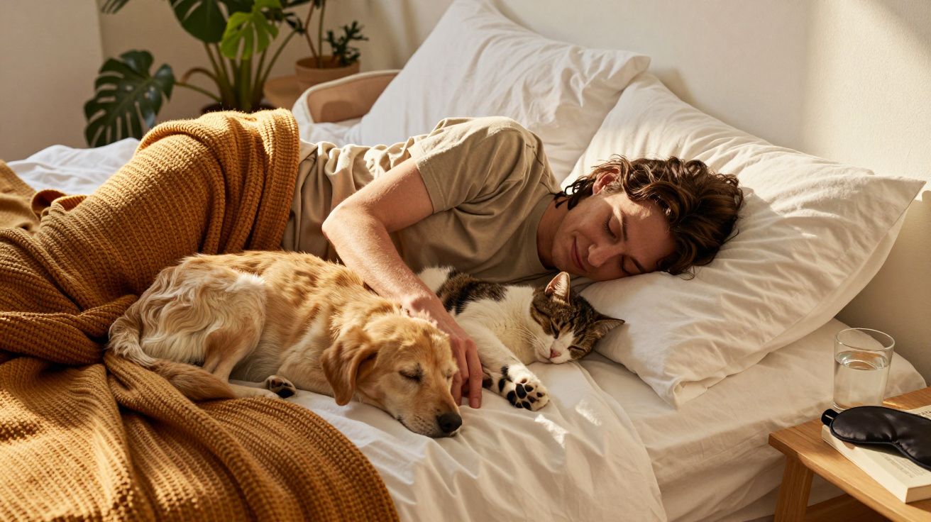 Hombre durmiendo en la cama junto a un perro y un gato, iluminado por luz natural.