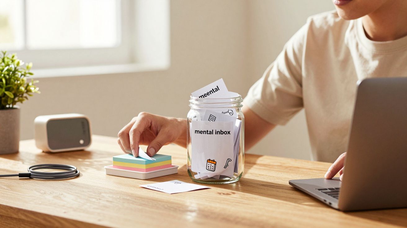 Persona saca nota pegajosa junto a portátil y jarra de "mental inbox" en escritorio de madera.