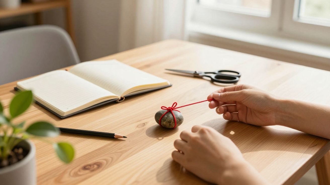 Manos atando piedra con cuerda roja en mesa de madera, junto a cuaderno, tijeras y lápiz. Ventana al fondo.