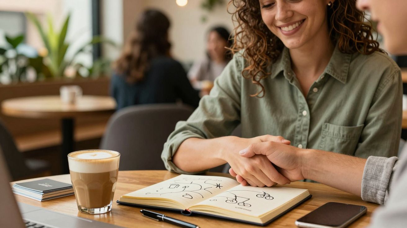 Persona sonriendo mientras discute dibujos y notas en una libreta en una cafetería.