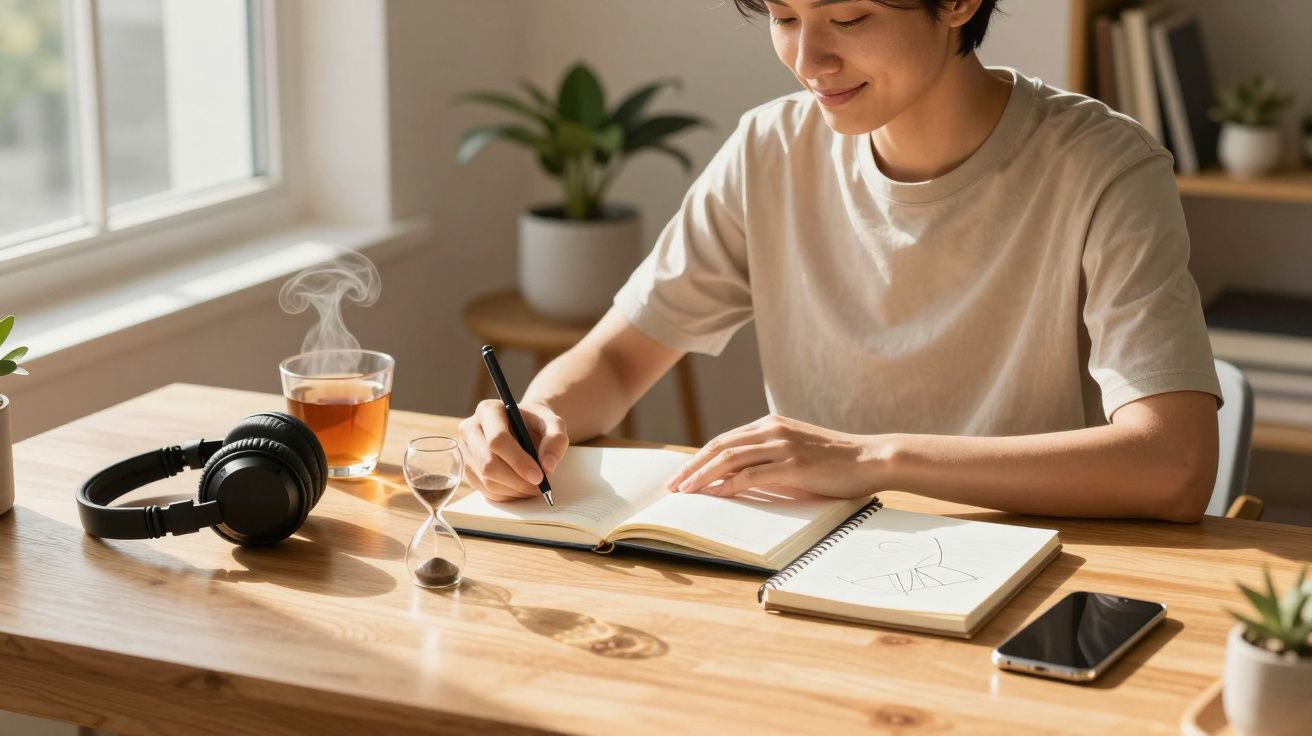 Persona escribiendo en un cuaderno en una mesa con té, auriculares y móvil, rodeada de plantas y luz natural.