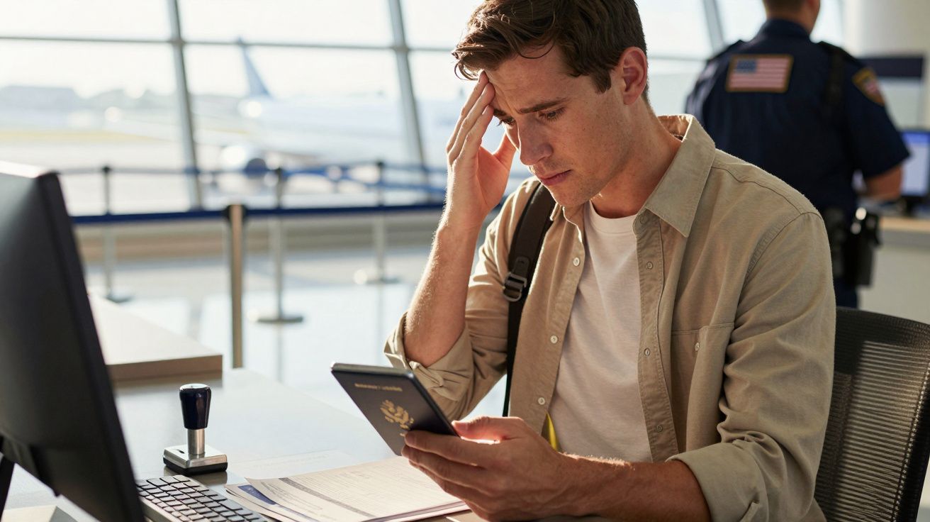 Hombre preocupado en el control de pasaportes del aeropuerto, sosteniendo su pasaporte y revisando documentos.
