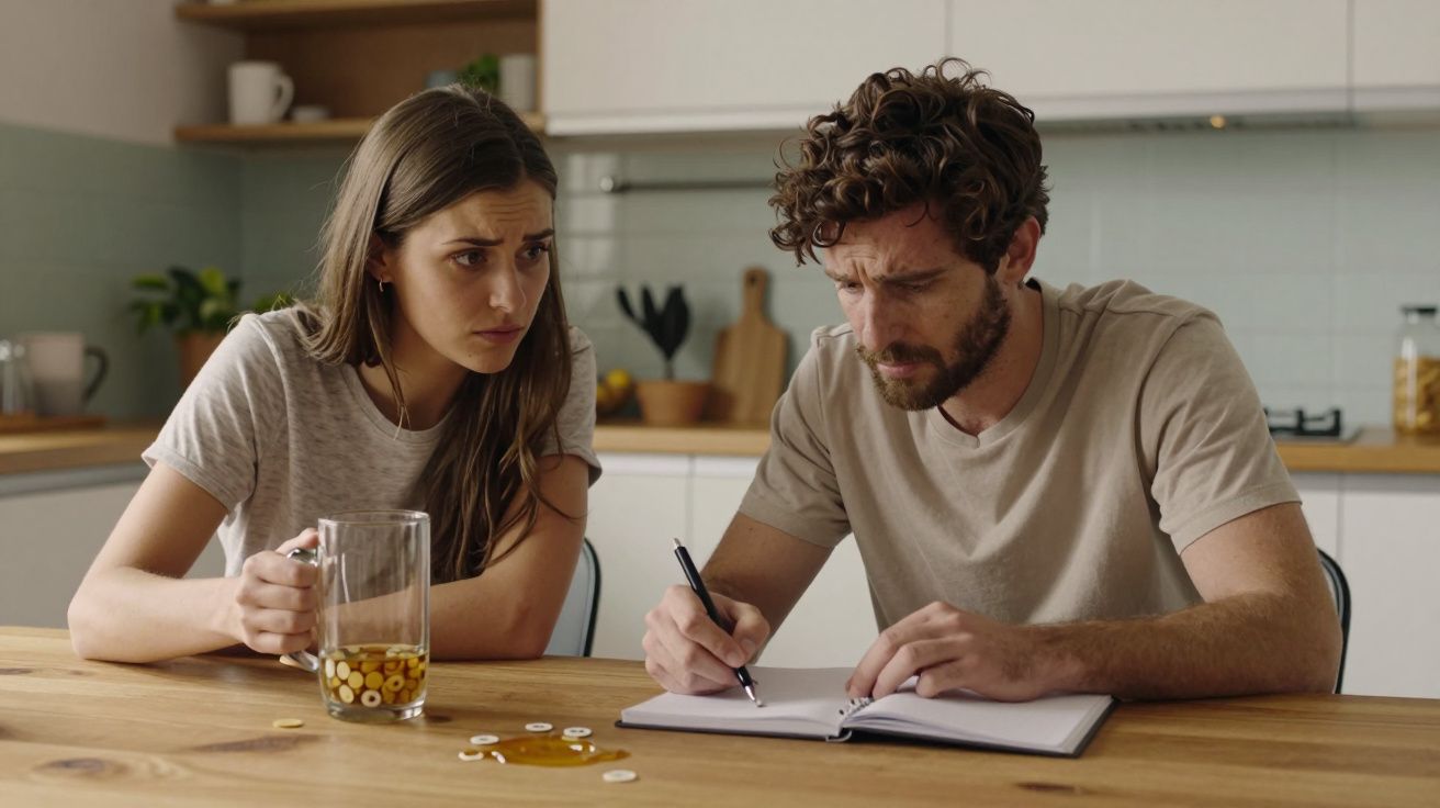 Pareja preocupada en la cocina, el hombre toma notas en un cuaderno y la mujer sostiene una taza.