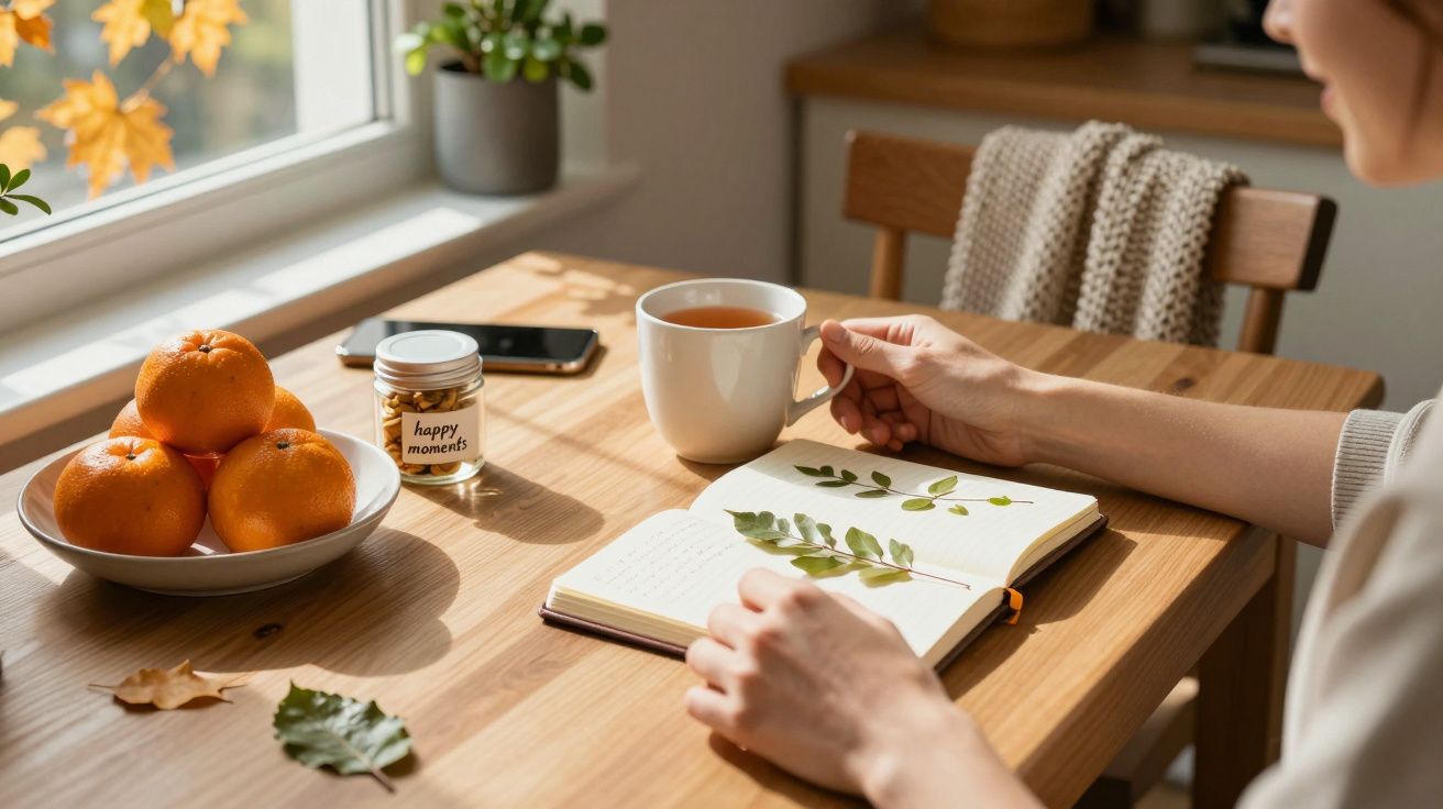 Persona leyendo un cuaderno con hojas secas en una mesa con té, mandarinas y luz natural.